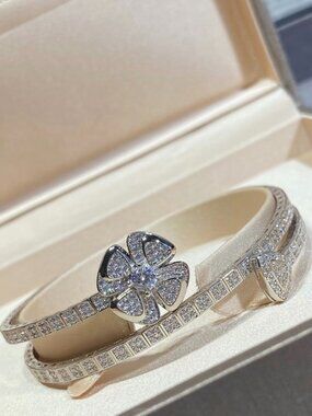 Bulgari Silver Crystal Floral Double Cuff Bracelet